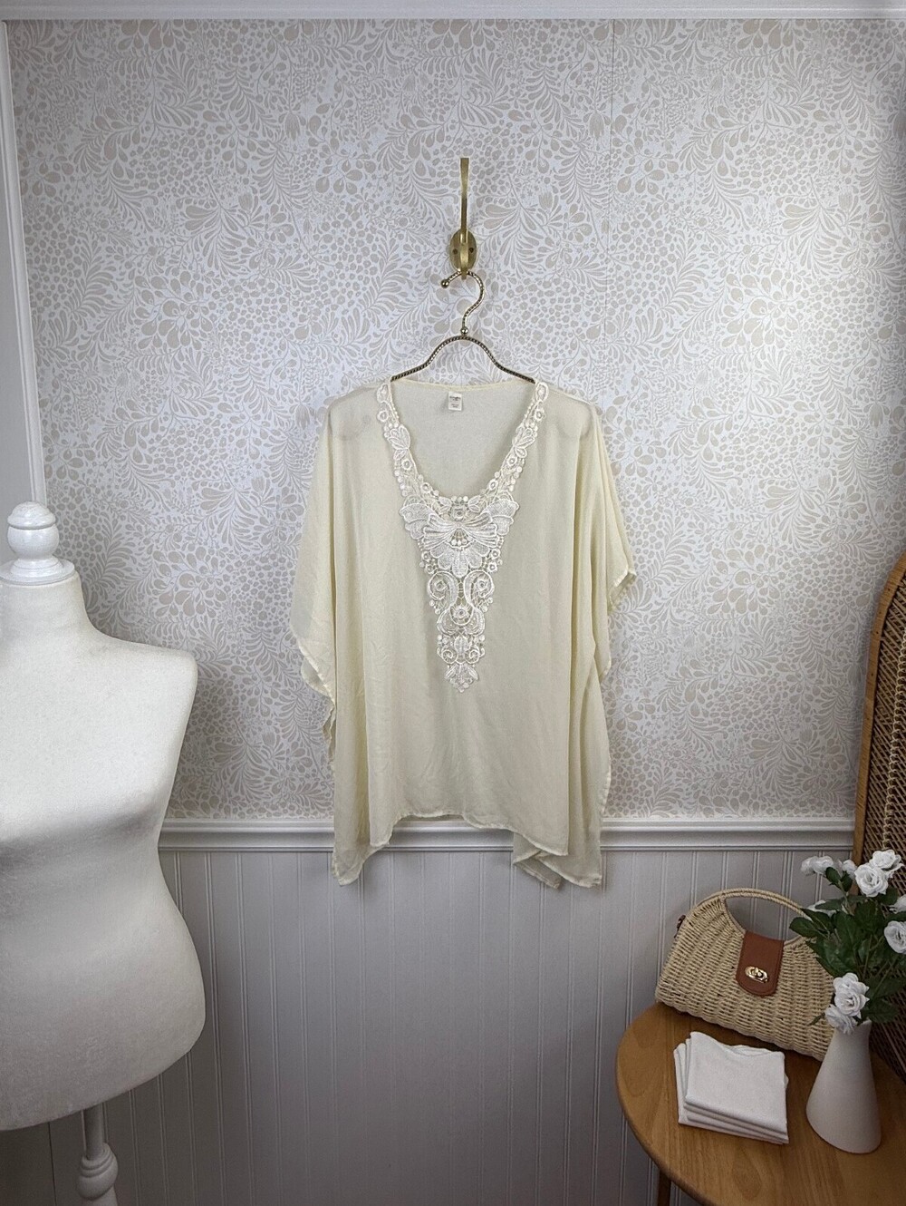 Do Everything in Love Cream Lace Embroidered Lined V-Neck Poncho Top - O/S